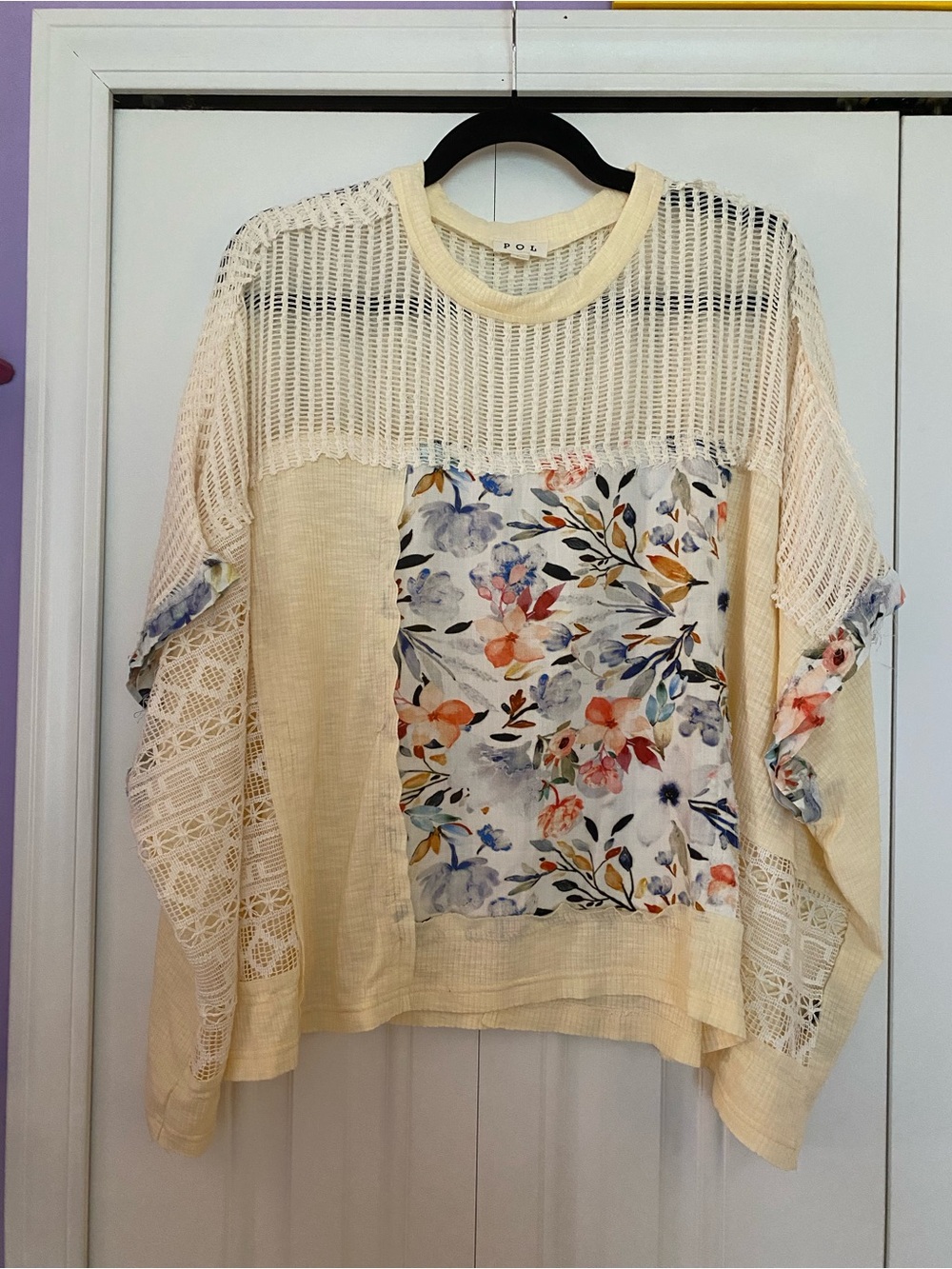POL Cream Crochet Short Sleeve Tee with Floral Panel - Picture 3 of 7